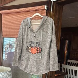 Gray Hooded Women's Sweater with Pumpkin Design